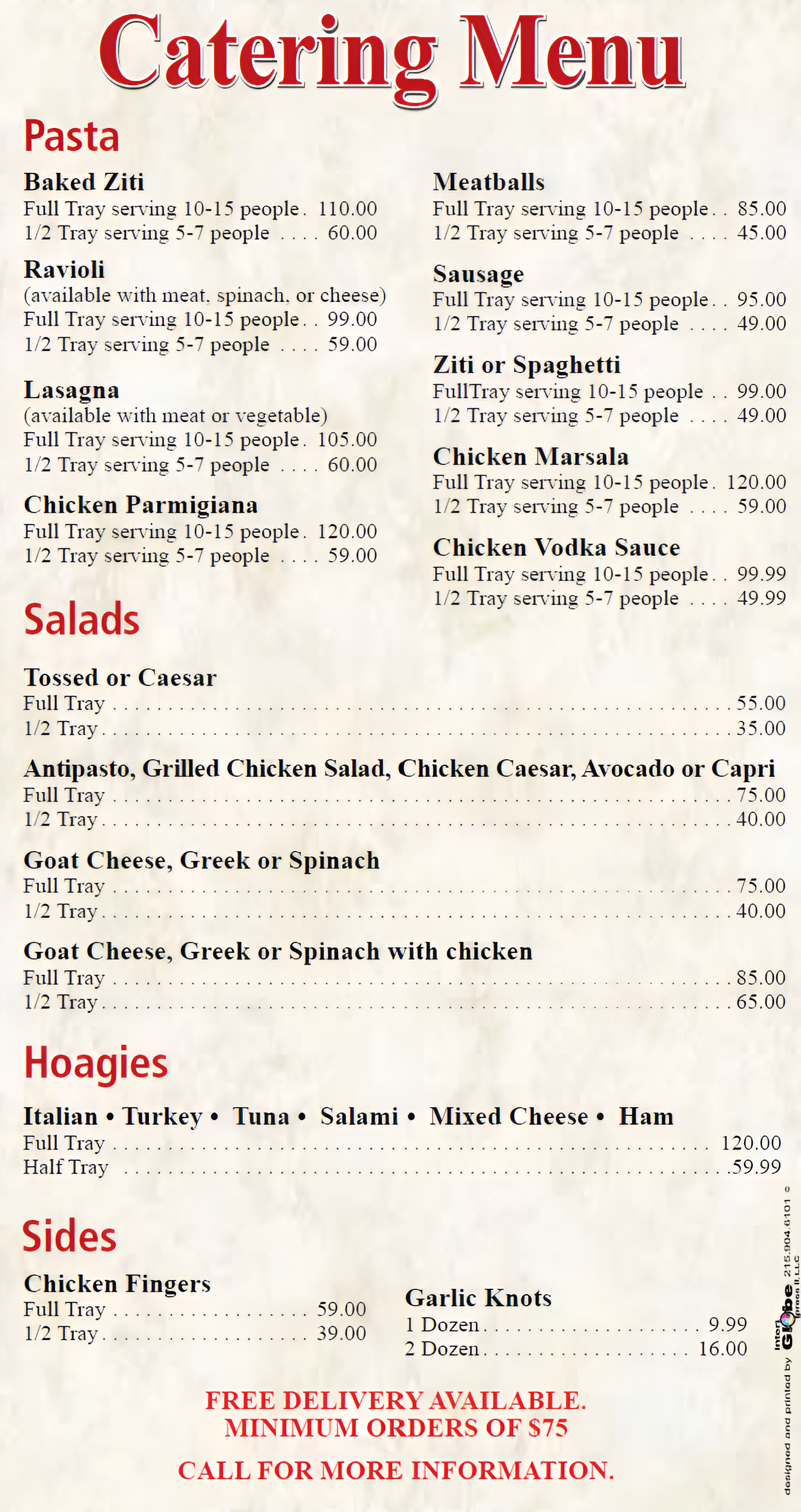 A catering menu listing dishes including pasta, salads, hoagies, and sides with prices and quantities served. Free delivery available for orders over $75. Contact information for more details.